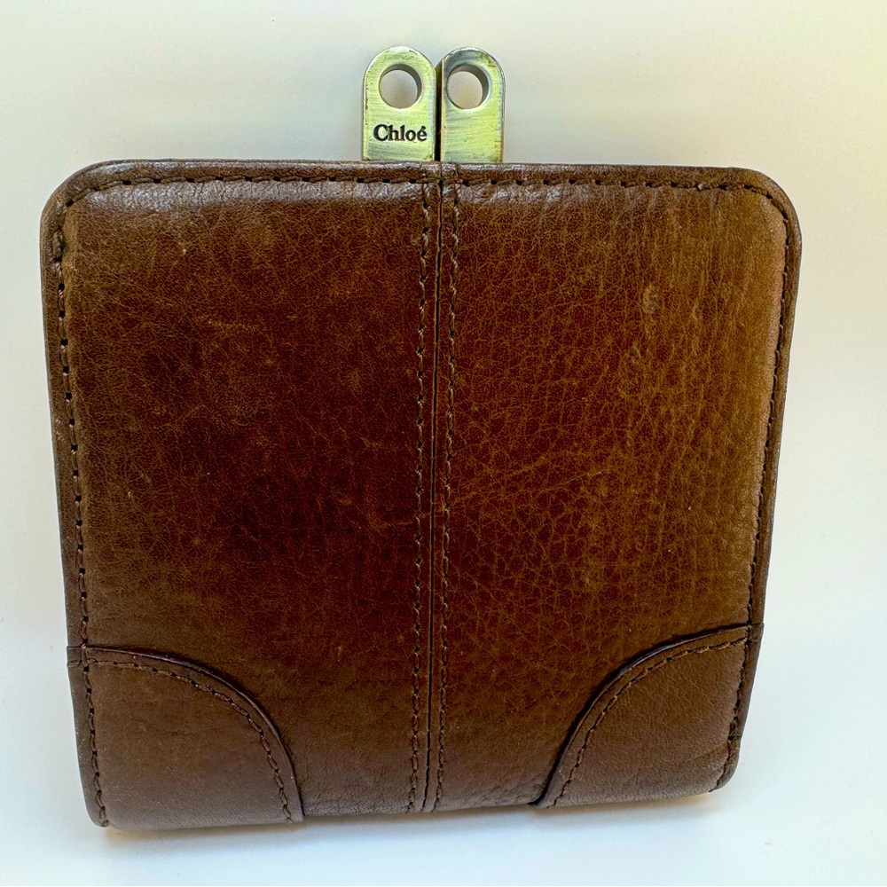 Chloé Kiss Lock Bifold Wallet Brown Leather Vintage Coin Purse Authentic Chloè - Picture 2 of 11